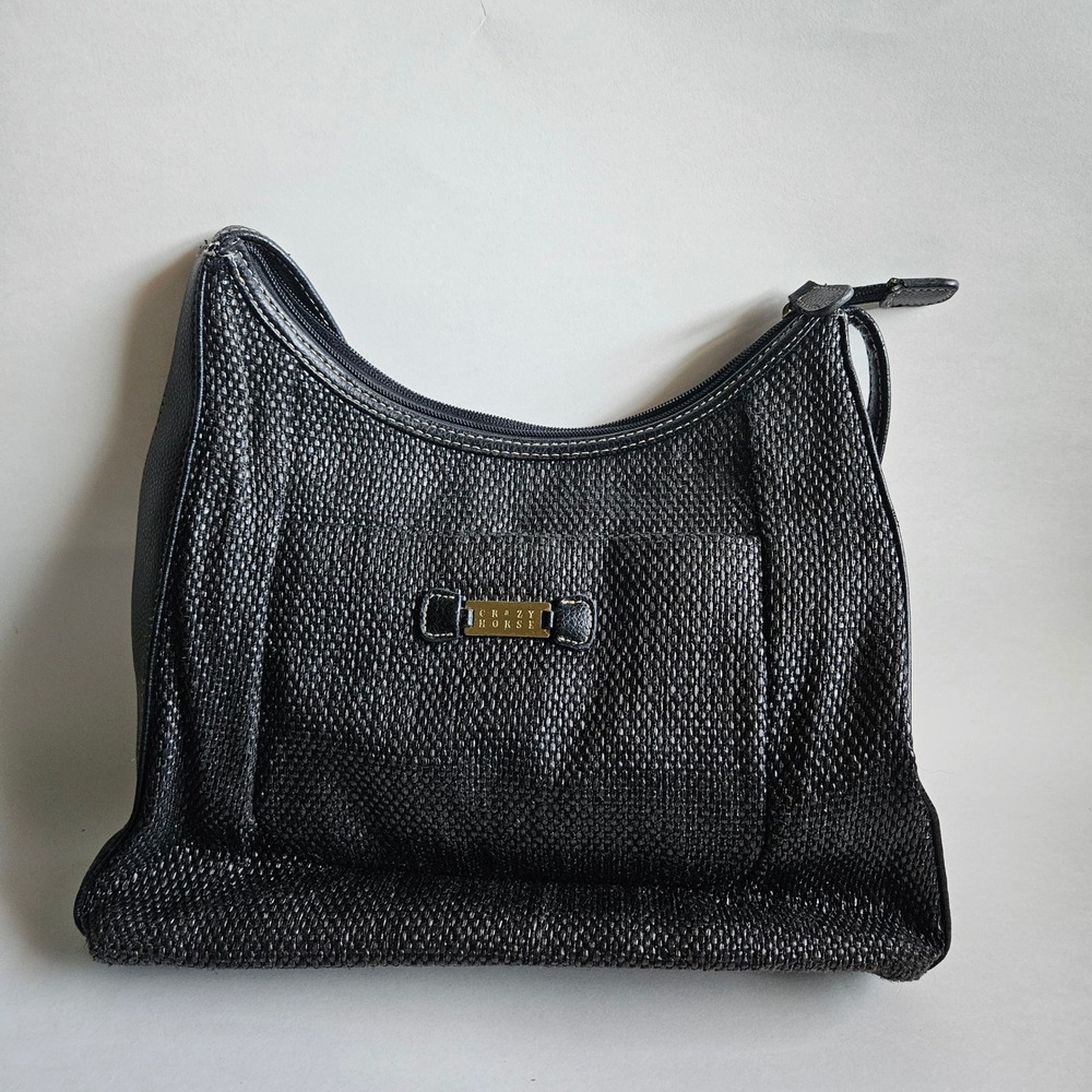 Crazy‎ Horse Liz Claiborne Black Woven Shoulder Bag Hobo Purse Gold Logo Trim